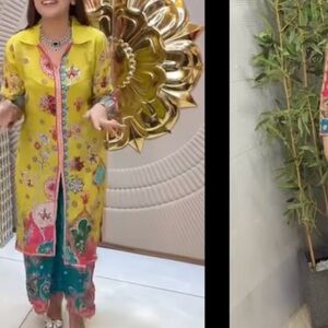 Crepe Yellow Floral Long kurta coord set with turquoise pants and mirror work